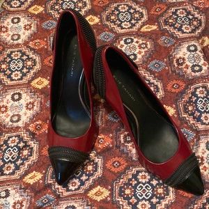 Elie Tahari black leather pumps with zipper detail